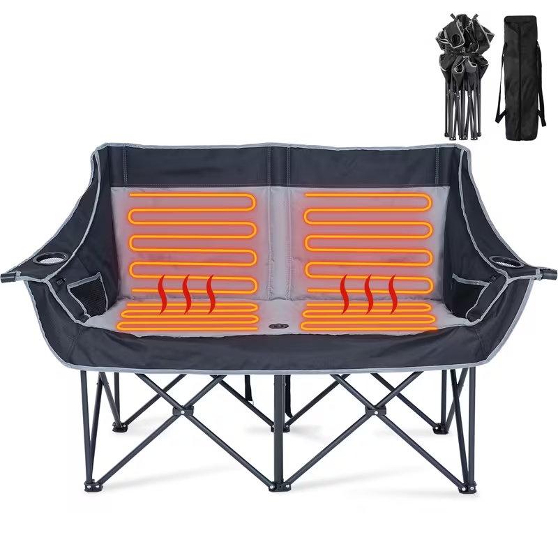 Oversized Heated Double Camping Chair – Foldable 2-Person Padded Loveseat with Dual Heating Zones, Heavy-Duty Frame, Carry Bag Included (Battery Not Included), Outdoor-Only Use