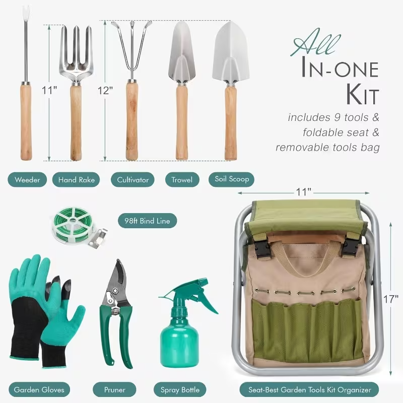 All-in-One Gardening Tool Set with Thick Kneeling Pad – Heavy-Duty Stainless Steel Tools, Ergonomic Non-Slip Handles, Multi-Piece Kit with Trowel, Shovel, Rake, Pruning Shears, Watering Can & Storage Bag – Ideal for Home Gardening & Landscaping