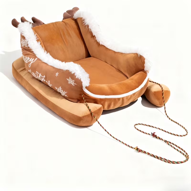 Winter Warm Sled-Style Pet Bed for Dogs and Cats, Removable and Washable Cozy Dog Bed, Thick Soft Polyester Bed for Small and Medium Pets, Brown/Beige Sled Design for Christmas and Everyday Use