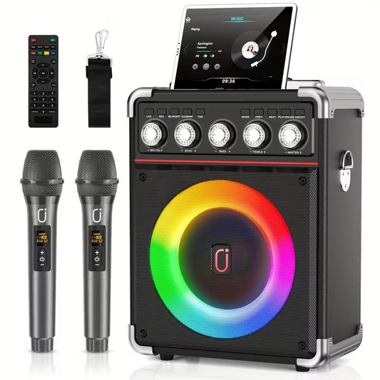 Portable Karaoke Machine with 2 Wireless Microphones, Bluetooth Party Speaker with Bass/Treble Control and DJ Lighting, Rechargeable Battery-Powered Sound System for Home Parties, Birthdays, Gatherings, and Christmas Gifts