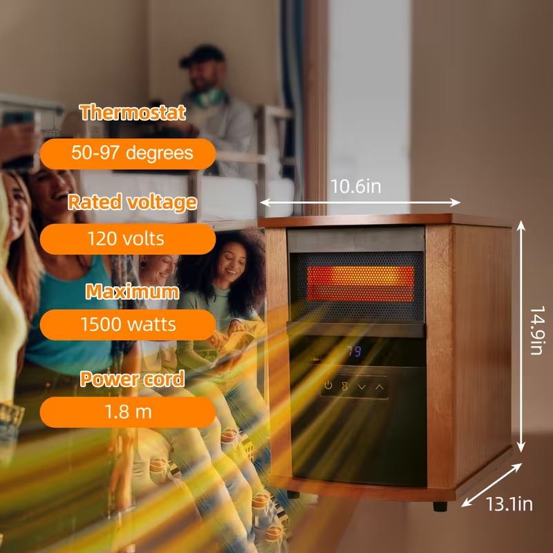 1500W Infrared Electric Space Heater with Thermostat, Remote Control, 9-Hour Timer, Overheat & Tip-Over Protection – Portable Indoor Heater for Bedroom, Office