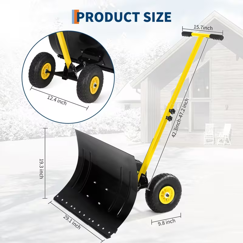 Rolling Snow Shovel with Wheels – Durable Carbon Steel Blade, Single Handle, Pre-Installed Parts for Quick Use, Ideal for Driveway and Walkway Snow Clearing