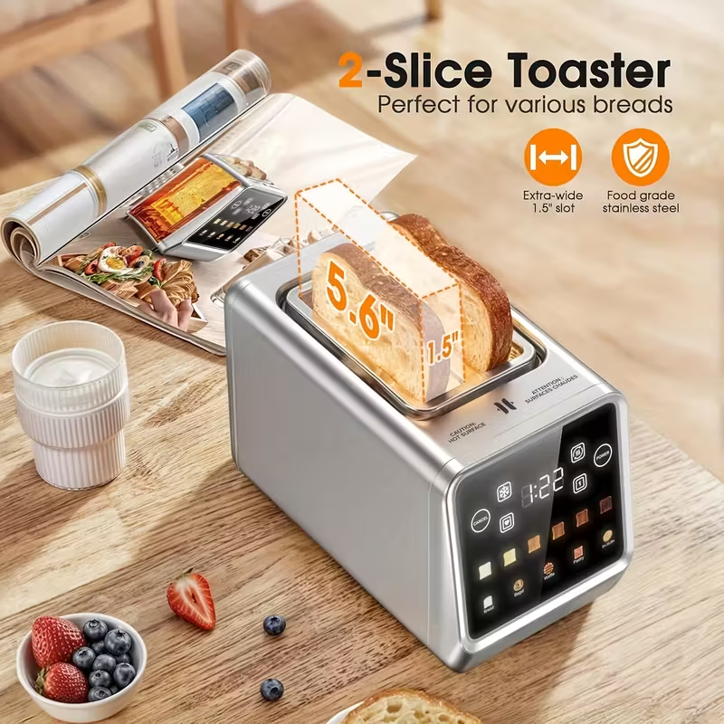 2-Slice Stainless Steel Touch Screen Toaster – Smart Digital Toaster with Memory Function, 5 Bread Modes, 6 Browning Levels, Extra-Wide Slots, 900W Premium Breakfast Toaster