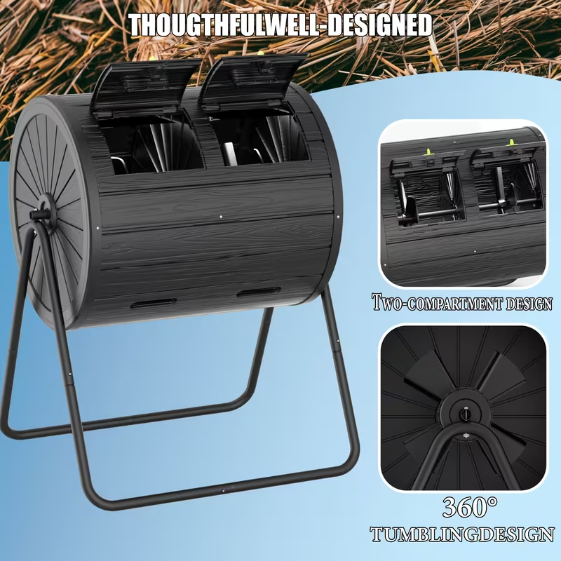 43-Gallon Dual-Chamber Tumbler Compost Bin, Black Rotating Compost Barrel with Swivel Design, Flap Door & Durable Steel Frame, Outdoor Garden Composting Bin for Leaves, Food Scraps, Yard Waste