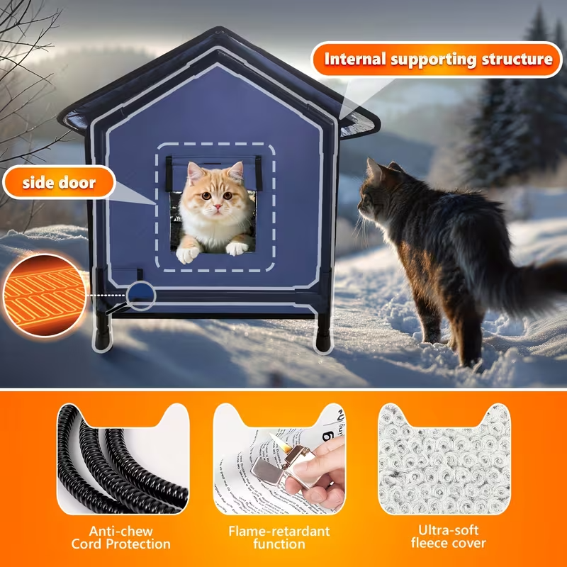 Outdoor Heated Cat House – Extra-Insulated Winter Shelter with Extended Eaves, Escape Door & Elevated Base for Outdoor, Stray, and Barn Cats