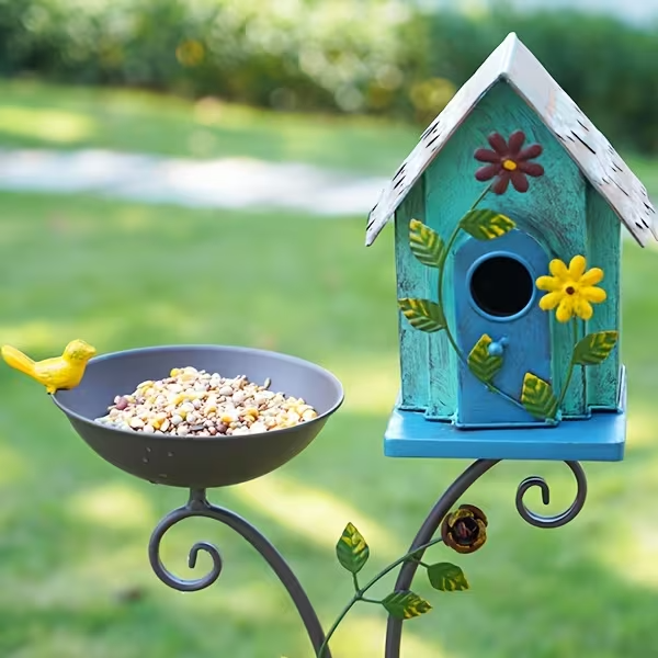 52" Metal Bird Bath with Pole and Birdhouse, Tiered Outdoor Garden Decoration with Seed Tray, Rustic Blue Floral Design, Durable Metal Stake-Mounted Bird Bath for Yard, Lawn, and Patio