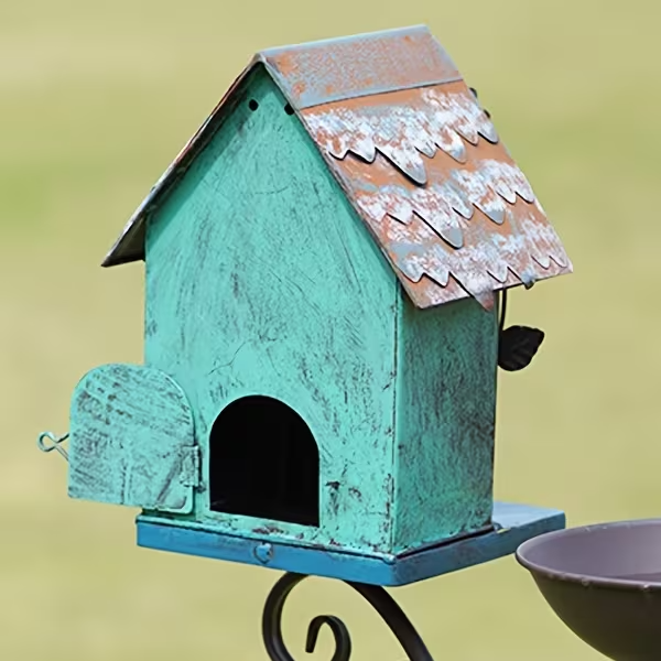 52" Metal Bird Bath with Pole and Birdhouse, Tiered Outdoor Garden Decoration with Seed Tray, Rustic Blue Floral Design, Durable Metal Stake-Mounted Bird Bath for Yard, Lawn, and Patio