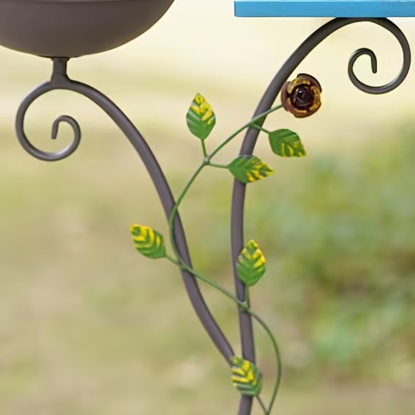 52" Metal Bird Bath with Pole and Birdhouse, Tiered Outdoor Garden Decoration with Seed Tray, Rustic Blue Floral Design, Durable Metal Stake-Mounted Bird Bath for Yard, Lawn, and Patio