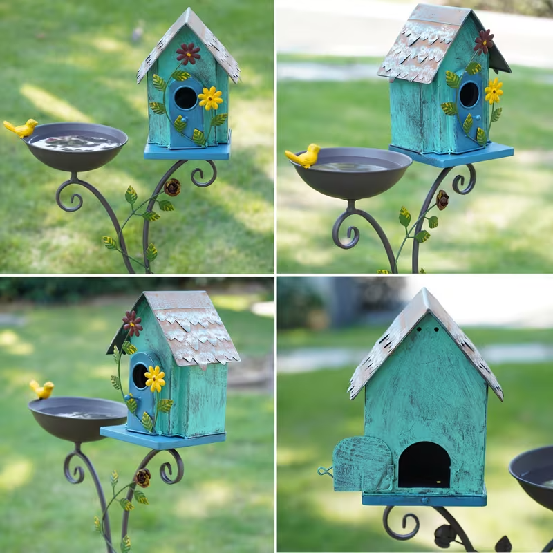 52" Metal Bird Bath with Pole and Birdhouse, Tiered Outdoor Garden Decoration with Seed Tray, Rustic Blue Floral Design, Durable Metal Stake-Mounted Bird Bath for Yard, Lawn, and Patio