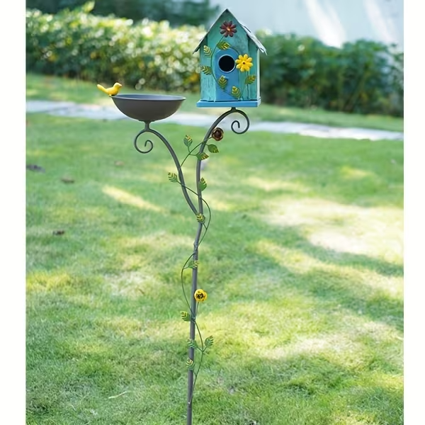 52" Metal Bird Bath with Pole and Birdhouse, Tiered Outdoor Garden Decoration with Seed Tray, Rustic Blue Floral Design, Durable Metal Stake-Mounted Bird Bath for Yard, Lawn, and Patio