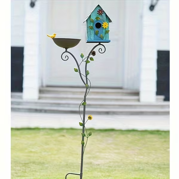 52" Metal Bird Bath with Pole and Birdhouse, Tiered Outdoor Garden Decoration with Seed Tray, Rustic Blue Floral Design, Durable Metal Stake-Mounted Bird Bath for Yard, Lawn, and Patio