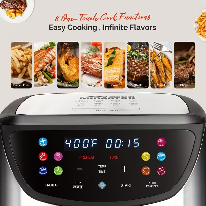 8.5QT Air Fryer with 1500W Power – Large Capacity, Smart Touch Screen, 10 Preset Cooking Functions, Non-Stick Basket, Easy to Clean – Stainless Steel, 120V Plug-In, Ideal for 5–6 People