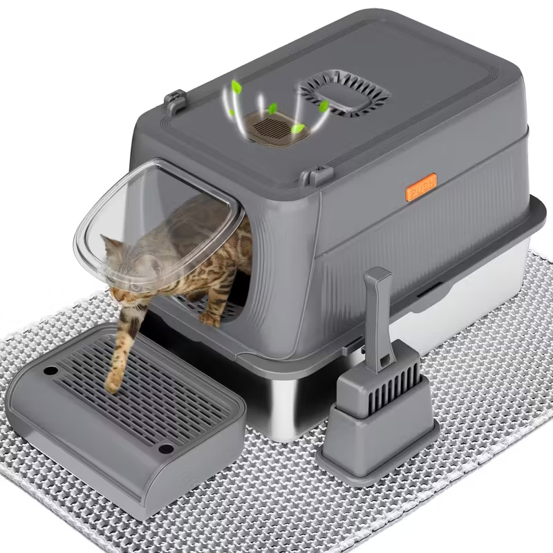 Extra Large Stainless Steel Cat Litter Box – Fully Enclosed Design with Foldable Anti-Splash Lid, Front Flap Door, and Odor-Sealing Deodorization System – Spacious, Durable, Easy-Clean Litter Box for Indoor Cats