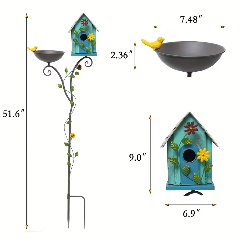 52" Metal Bird Bath with Pole and Birdhouse, Tiered Outdoor Garden Decoration with Seed Tray, Rustic Blue Floral Design, Durable Metal Stake-Mounted Bird Bath for Yard, Lawn, and Patio