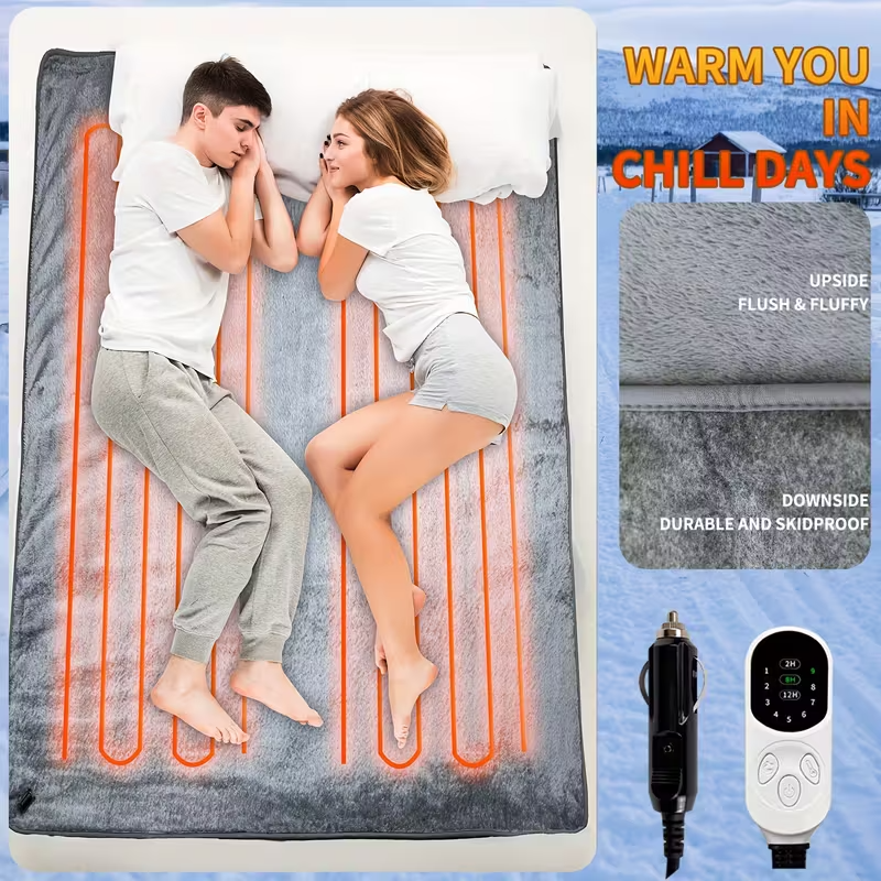 12V Car Heating Blanket with Car Plug, Fast-Heating Heavy-Duty Electric Blanket with 9 Temperature Levels and 3 Timer Modes, Compact Portable Design for Cars, RVs, Trucks, SUVs, and Home Use