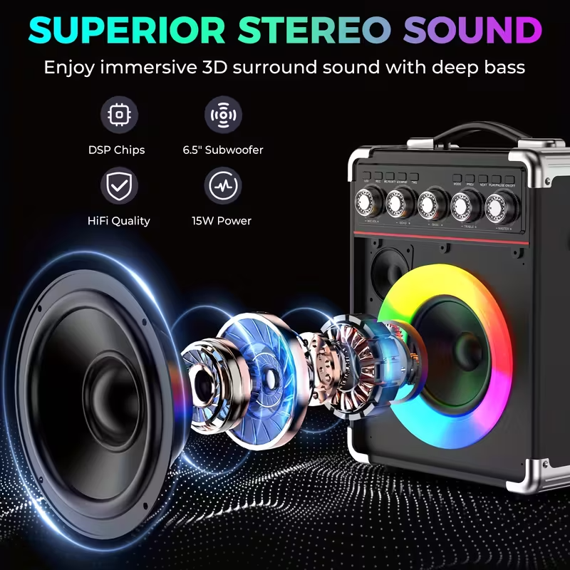 Portable Karaoke Machine with 2 Wireless Microphones, Bluetooth Party Speaker with Bass/Treble Control and DJ Lighting, Rechargeable Battery-Powered Sound System for Home Parties, Birthdays, Gatherings, and Christmas Gifts