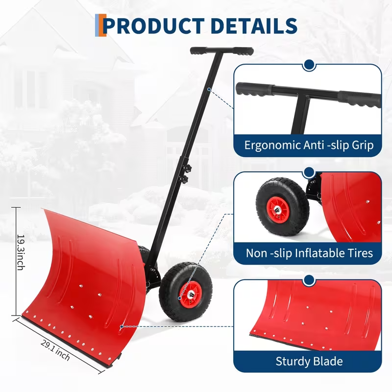 Rolling Snow Shovel with Wheels – Durable Carbon Steel Blade, Single Handle, Pre-Installed Parts for Quick Use, Ideal for Driveway and Walkway Snow Clearing