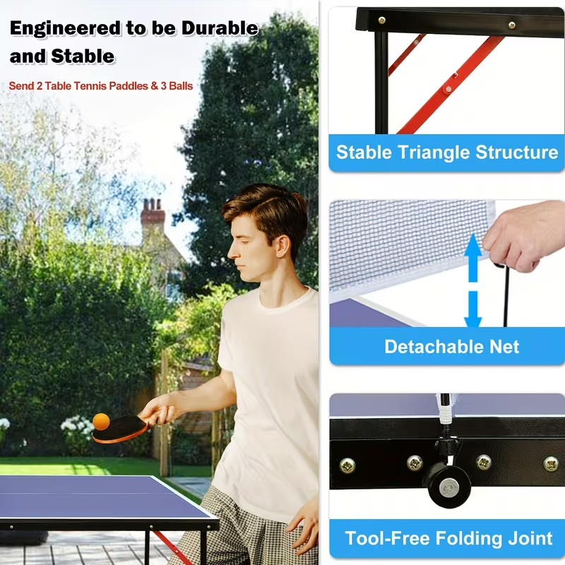 4.5FT Foldable Ping Pong Table – Portable Midsize Table Tennis Set for Indoor & Outdoor Use, Easy Storage Design, Includes 2 Paddles, 3 Balls, and Net – Ideal for Home, Family Games, Camping and Holiday Activities