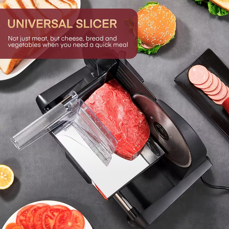 200W Electric Meat Slicer with 7.5" Stainless Steel Blades – Adjustable 0–15mm Thickness, Removable Dual Blades, Compact Die-Cast Design for Meat, Cheese, Bread & Vegetables – Black