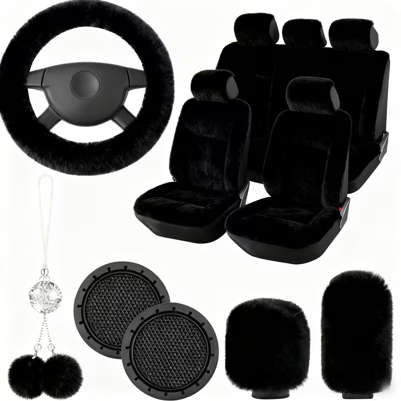 11-Piece Universal Plush Car Seat Covers Set – Soft Winter Car Decoration Kit with Steering Wheel Cover, Mirror Accessories, Handbrake Covers, and Sponge-Filled Knit Fabric