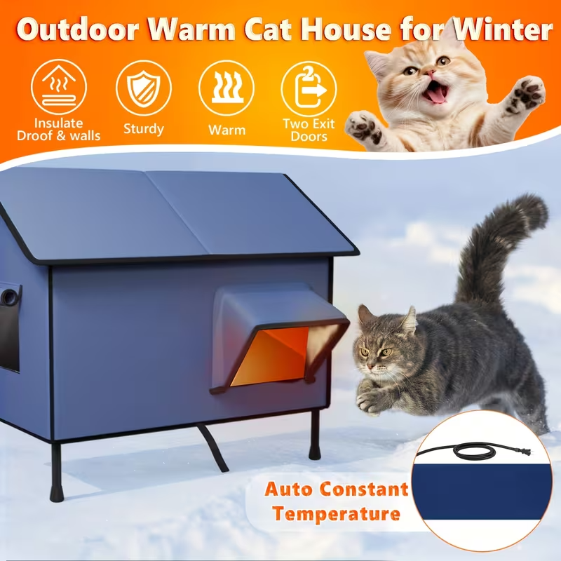 Outdoor Heated Cat House – Extra-Insulated Winter Shelter with Extended Eaves, Escape Door & Elevated Base for Outdoor, Stray, and Barn Cats