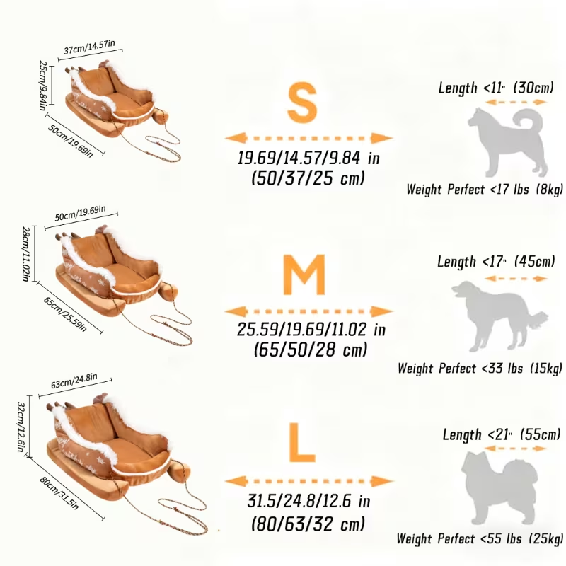 Winter Warm Sled-Style Pet Bed for Dogs and Cats, Removable and Washable Cozy Dog Bed, Thick Soft Polyester Bed for Small and Medium Pets, Brown/Beige Sled Design for Christmas and Everyday Use