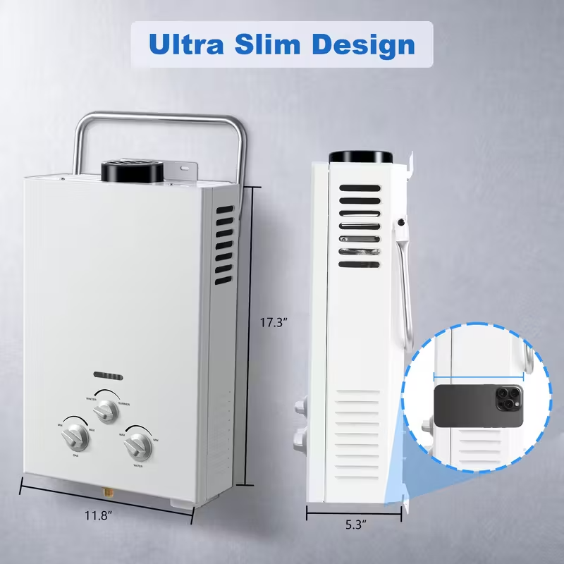 Portable Propane Tankless Water Heater, 6L 1.58 GPM Instant Hot Water Heater with Overheat Protection for RV, Cabin, Camping, Boat and Barn, White Metallic Finish