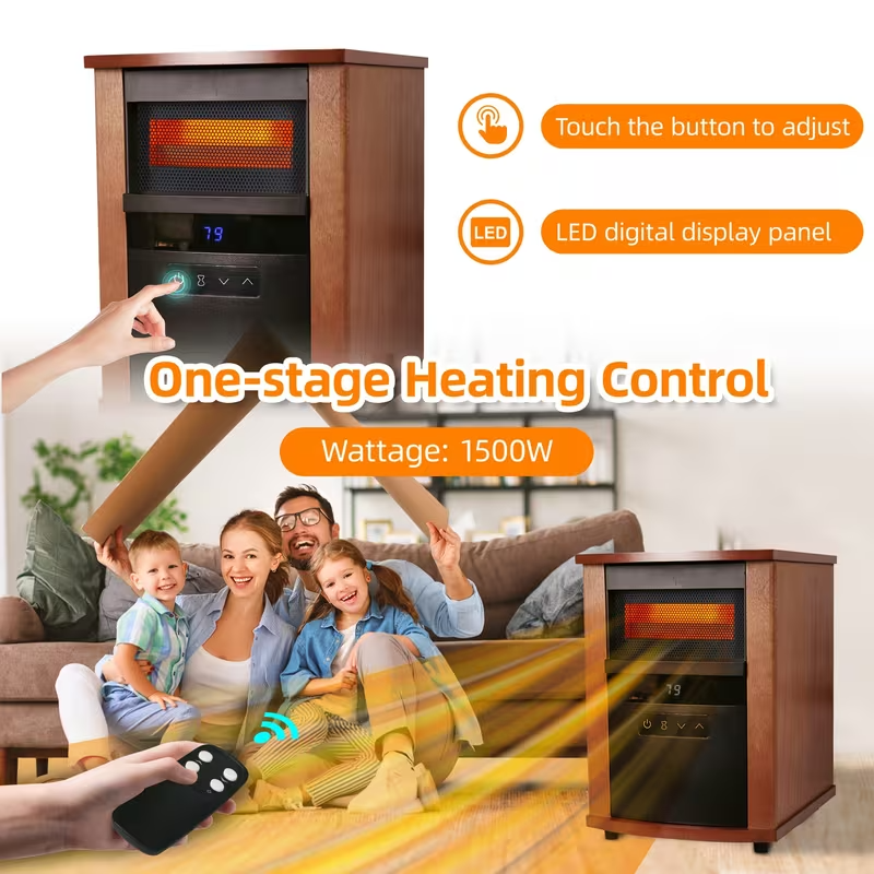 1500W Infrared Electric Space Heater with Thermostat, Remote Control, 9-Hour Timer, Overheat & Tip-Over Protection – Portable Indoor Heater for Bedroom, Office