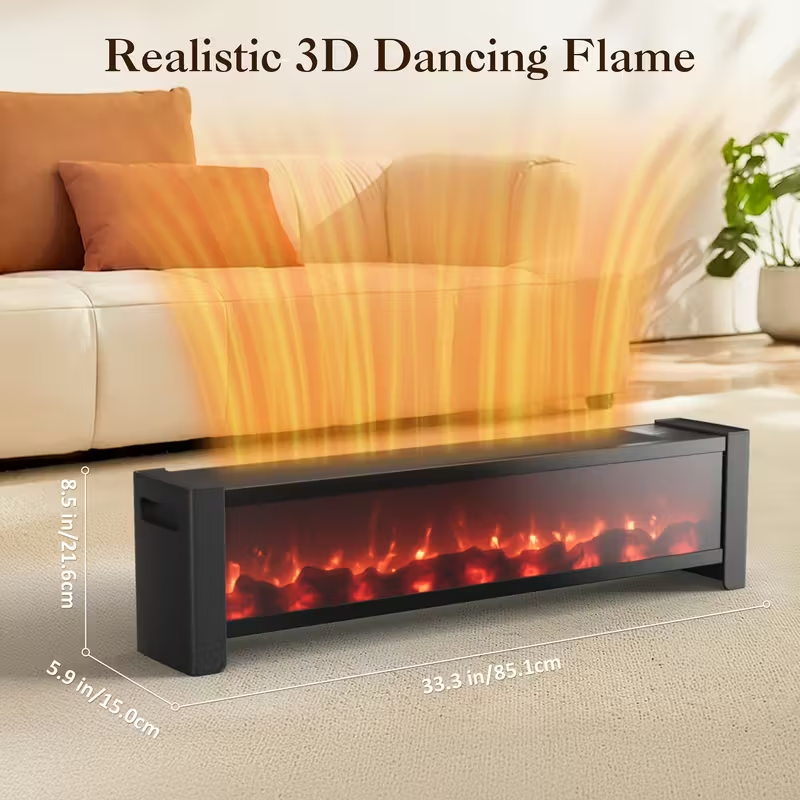 33" Electric Baseboard Heater with Realistic Flame Effect, 1500W Indoor Fireplace Heater with Remote, Adjustable Thermostat, 12H Timer & Overheat Protection for Large Rooms