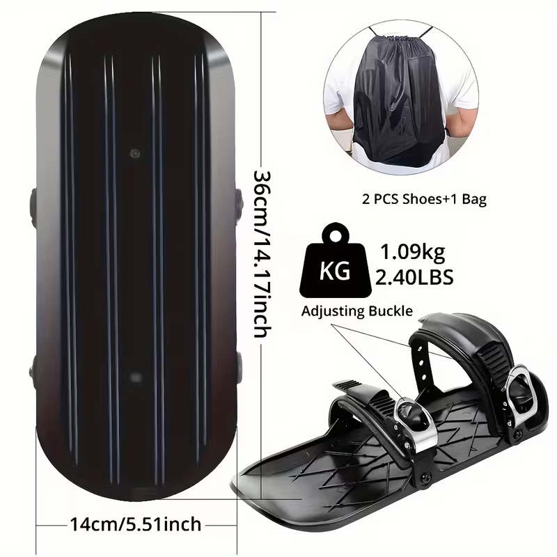 Adjustable Mini Ski Skates for Kids – Black ABS Snowboard Shoes with Asymmetrical Design and Carrying Bag, Beginner-Friendly for Powder Snow