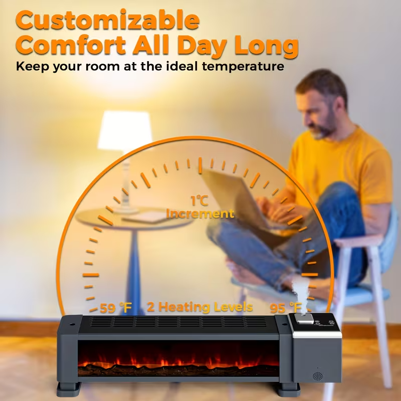 1800W Electric Baseboard Heater with Remote Control – 3D Flame Effect, Adjustable Thermostat, 12H Timer, Overheat & Tip-Over Protection, Portable Indoor Space Heater for Large Rooms