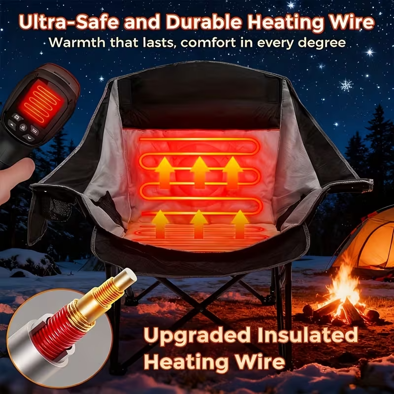 Oversized Heated Camping Chair with Optional Power Bank, 3 Heat Levels, Dual-Zone Heating, Foldable Heavy-Duty Chair with Footrest, 500 lb Capacity