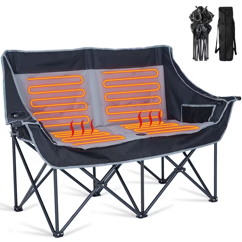 Oversized Heated Double Camping Chair – Foldable 2-Person Padded Loveseat with Dual Heating Zones, Heavy-Duty Frame, Carry Bag Included (Battery Not Included), Outdoor-Only Use