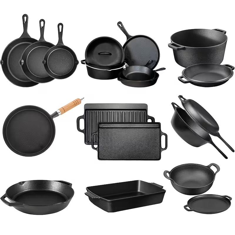 6"/8"/10" Cast Iron Frying Pans with Dutch Oven and Two Grills – Durable Non-Stick Cookware Set for Home Kitchen, Camping, Stove, Induction, and Open Fire