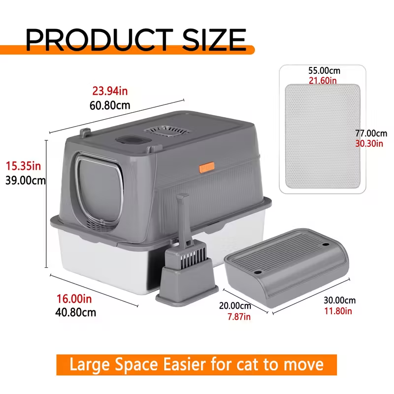 Extra Large Stainless Steel Cat Litter Box – Fully Enclosed Design with Foldable Anti-Splash Lid, Front Flap Door, and Odor-Sealing Deodorization System – Spacious, Durable, Easy-Clean Litter Box for Indoor Cats