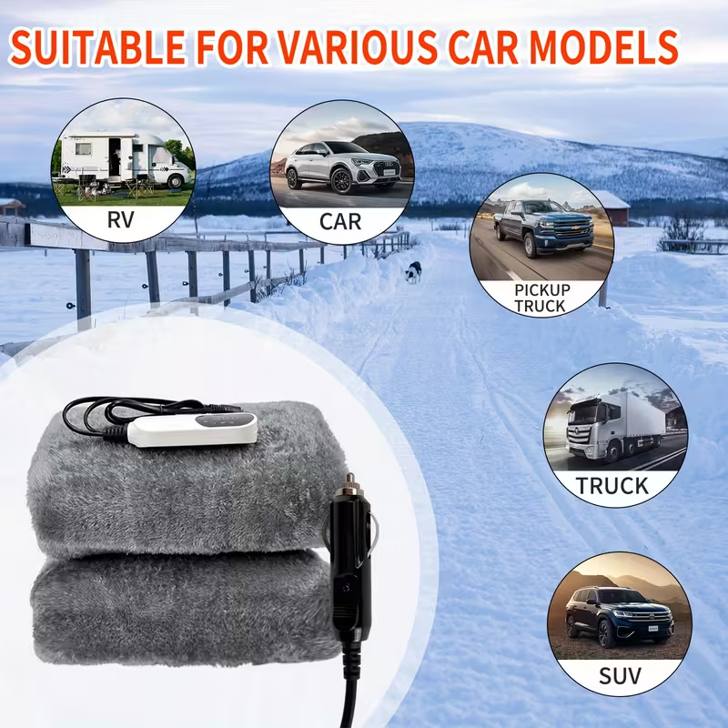 12V Car Heating Blanket with Car Plug, Fast-Heating Heavy-Duty Electric Blanket with 9 Temperature Levels and 3 Timer Modes, Compact Portable Design for Cars, RVs, Trucks, SUVs, and Home Use