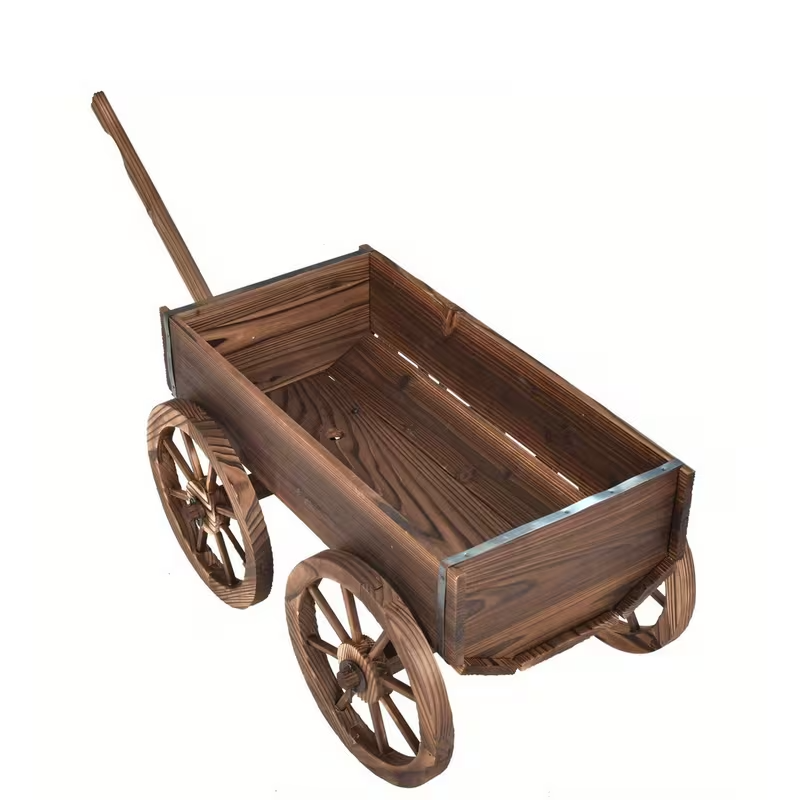 Wooden Flower Planter Wagon with Wheels, Mobile Multi-Pot Plant Stand for Indoor and Outdoor Garden Décor