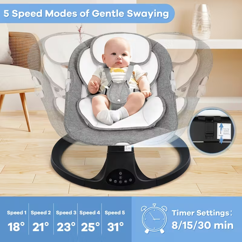 Portable Baby Swing with 5 Speeds, 10 Lullabies & 15-Point Safety Harness – Lightweight, Foldable Infant Swing for Indoor/Outdoor Use, Suitable for Babies 0–9 Months