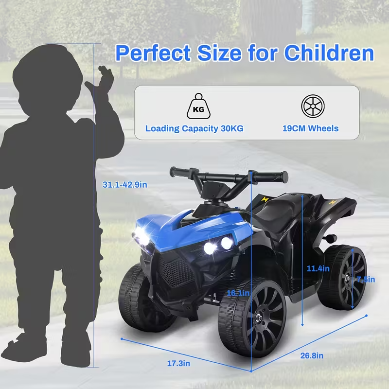 Kids Electric Quad ATV Ride-On with Headlights, Pedal Accelerator, All-Terrain Anti-Slip Tires, 1.86 MPH Speed, Sturdy PP Body, USB Power, 55 lbs Capacity – Ride-On Toy for Boys and Girls, Ages 3+, Red/Black