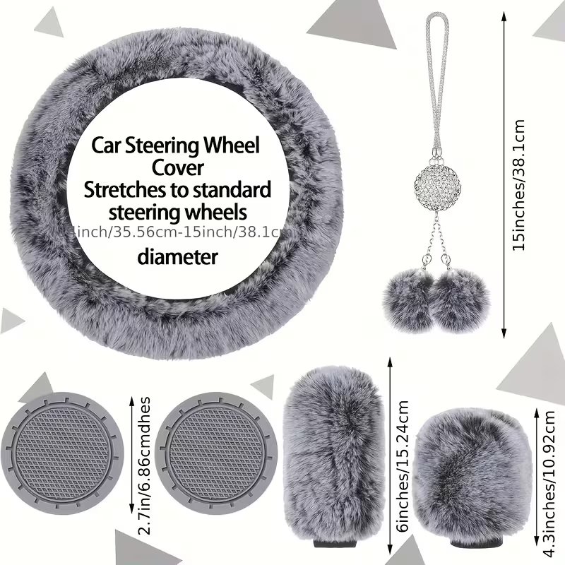 11-Piece Universal Plush Car Seat Covers Set – Soft Winter Car Decoration Kit with Steering Wheel Cover, Mirror Accessories, Handbrake Covers, and Sponge-Filled Knit Fabric