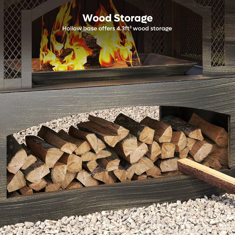 37-Inch Outdoor Wood Burning Fireplace with Wood Storage and Fire Poker – Large Rectangular Metal Fire Pit for Patio, Garden, Deck, and Backyard