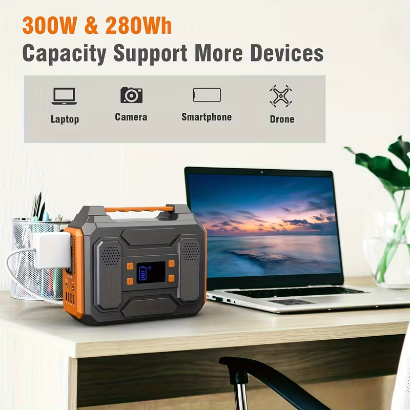 Portable Power Station 300W/100W Solar Generator, 296Wh/256Wh/146Wh Lithium Battery Backup with 110V AC Outlet, USB and DC Ports, LED Flashlight, Cooling Vents, for Camping, RV Travel, Outdoor Events, and Emergency Home Power