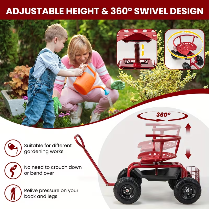 Heavy-Duty Garden Cart Scooter with 10" All-Terrain Tires, 360° Swivel Seat, Extendable Pull Handle, Storage Basket, Tool Pouch & Cushion – Red Rolling Garden Seat for Yard Work & Lawn Care