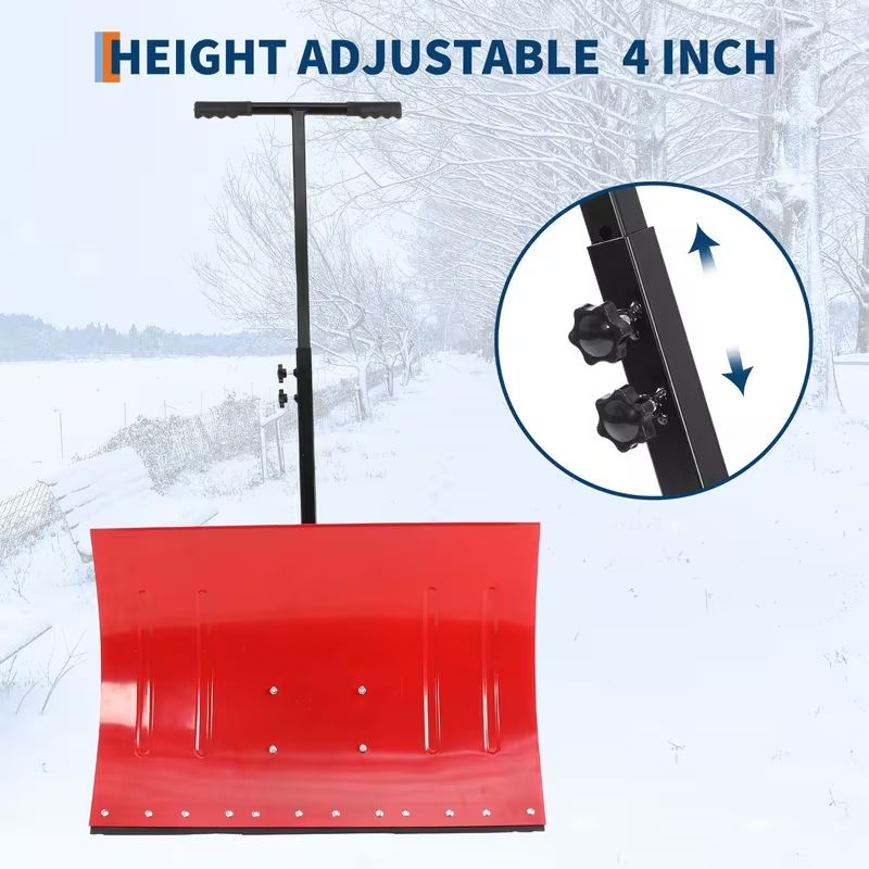 Rolling Snow Shovel with Wheels – Durable Carbon Steel Blade, Single Handle, Pre-Installed Parts for Quick Use, Ideal for Driveway and Walkway Snow Clearing