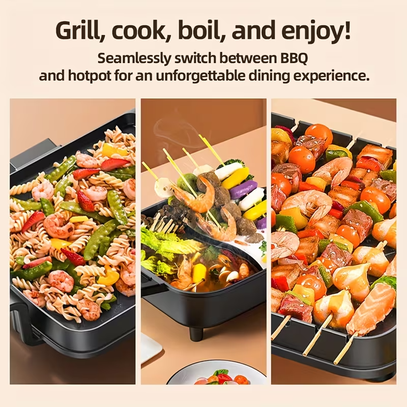 All-in-One Electric Hot Pot & Grill Combo – Large-Capacity Smokeless Cooker with Non-Stick Surface, Even Heating for Frying, Boiling, Grilling & Roasting – Ideal for Family Meals, Parties, Steak, Seafood & Kebabs