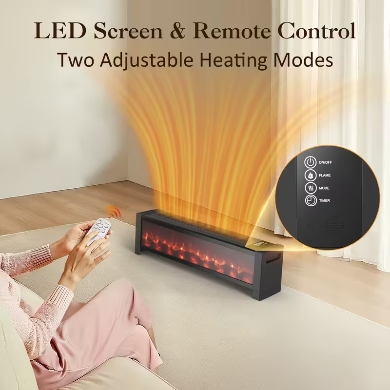 33" Electric Baseboard Heater with Realistic Flame Effect, 1500W Indoor Fireplace Heater with Remote, Adjustable Thermostat, 12H Timer & Overheat Protection for Large Rooms