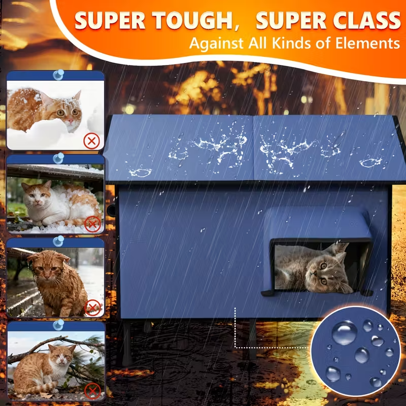 Outdoor Heated Cat House – Extra-Insulated Winter Shelter with Extended Eaves, Escape Door & Elevated Base for Outdoor, Stray, and Barn Cats