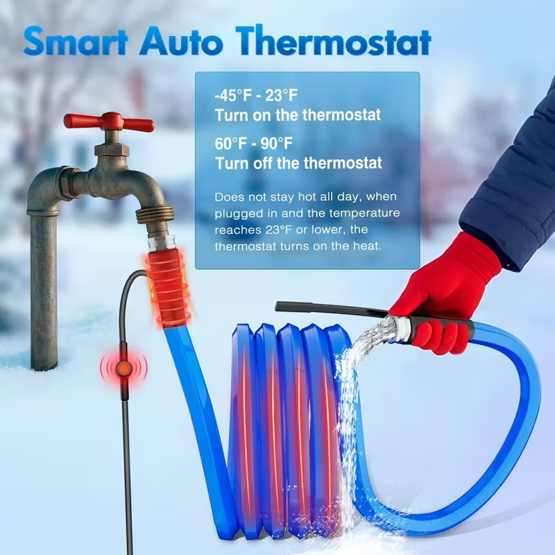 5ft–100ft Heated Water Hose for RV, 5/8" ID, -45°F Freeze-Proof Drinking Water Hose with Energy-Saving Thermostat Heating System, PVC Construction, Ideal for Winter RVs, Campers, Trailers, and Outdoor Use