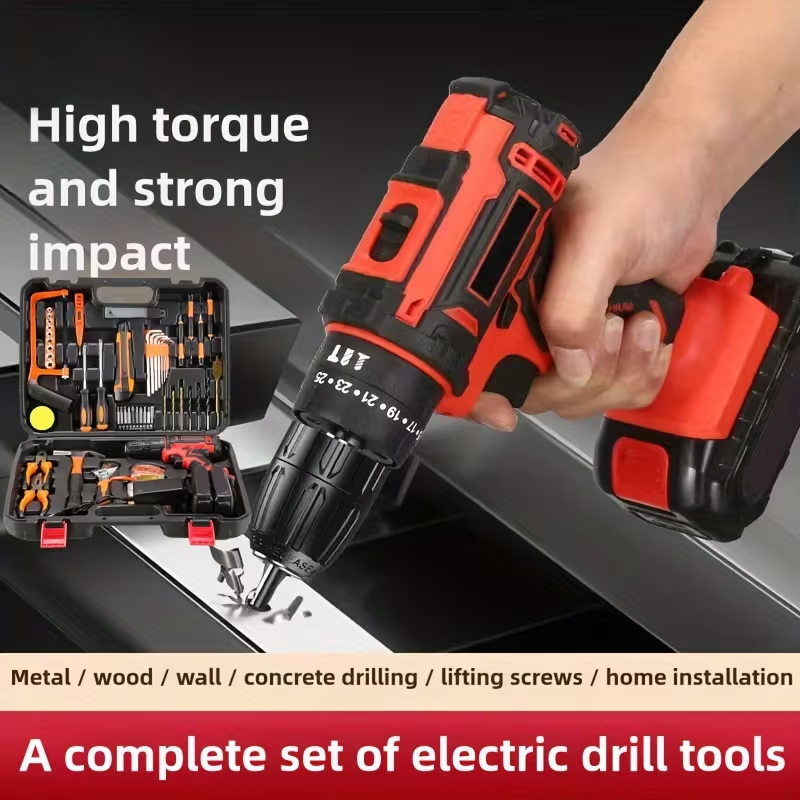 102-Piece Cordless Power Tool Kit with 2 Batteries, Electric Drill and Impact Wrench Set, Ratchet Screwdriver and Home Repair Tool Kit for Household DIY
