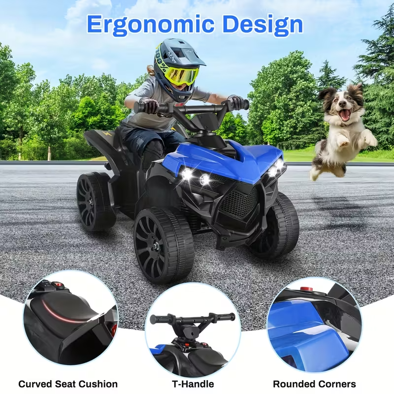 Kids Electric Quad ATV Ride-On with Headlights, Pedal Accelerator, All-Terrain Anti-Slip Tires, 1.86 MPH Speed, Sturdy PP Body, USB Power, 55 lbs Capacity – Ride-On Toy for Boys and Girls, Ages 3+, Red/Black